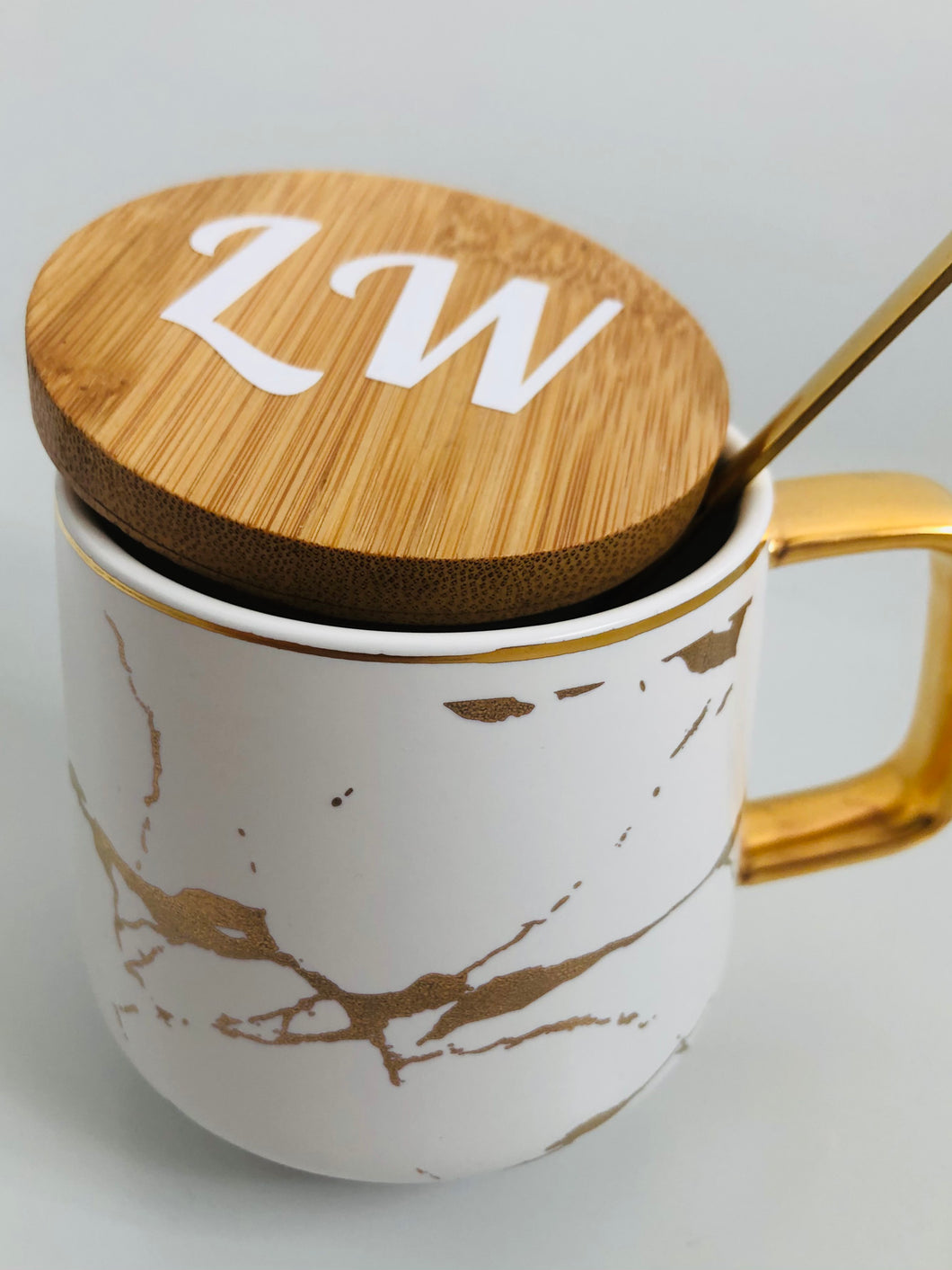 Phew! Time For A Brew: White Marble Pattern Nordic Japanese Style Mug With Wooden Lid