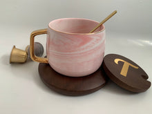Load image into Gallery viewer, Sip In Style: Porcelain Marble Style Mug With Deep Bamboo Lid And Saucer
